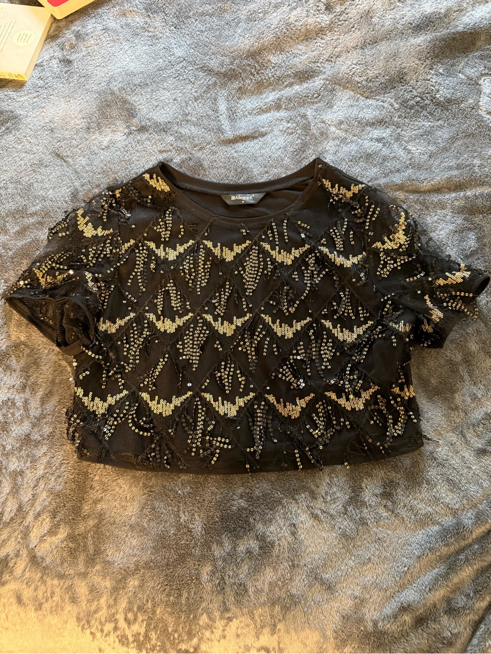 bebe Black Crop Top with Gold Sequin Pattern